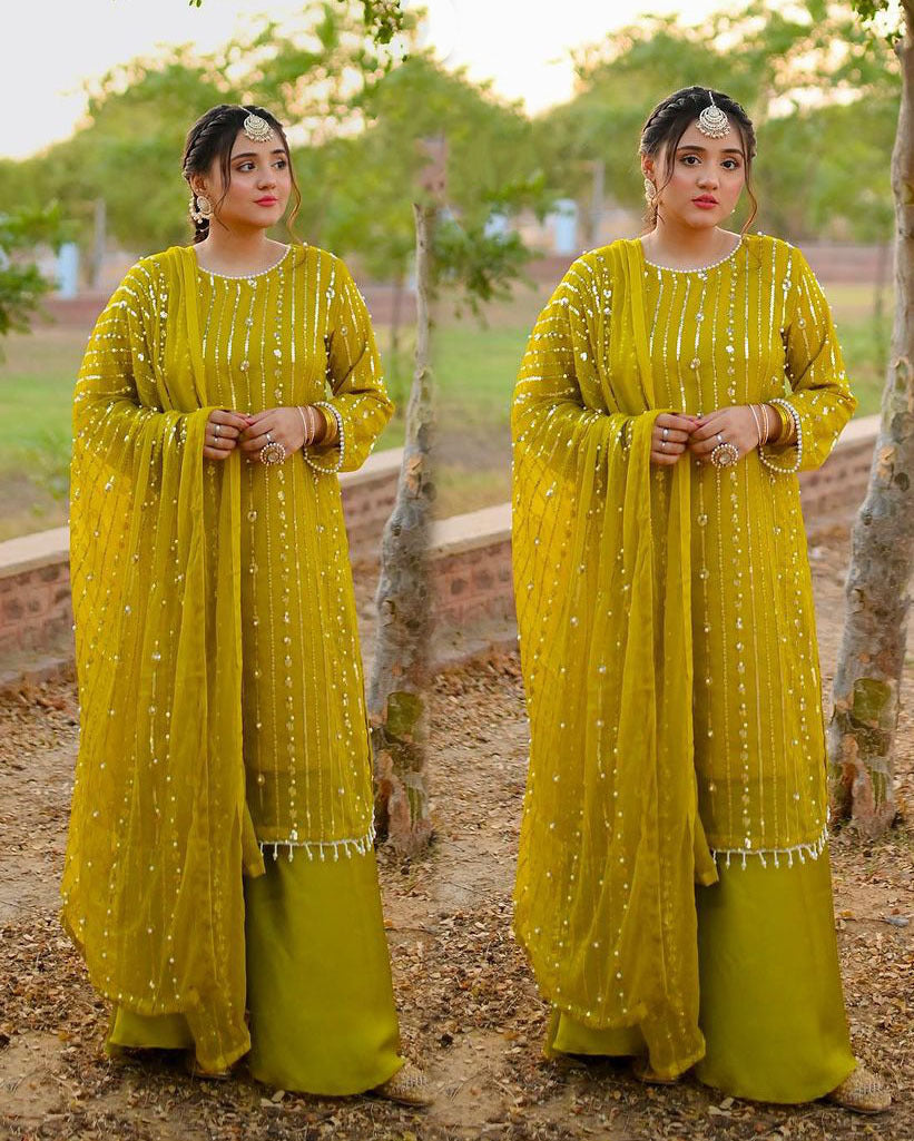 Front & Back Embroidered 3PC | Pearls, Tassels & Heavy Dupatta Dress