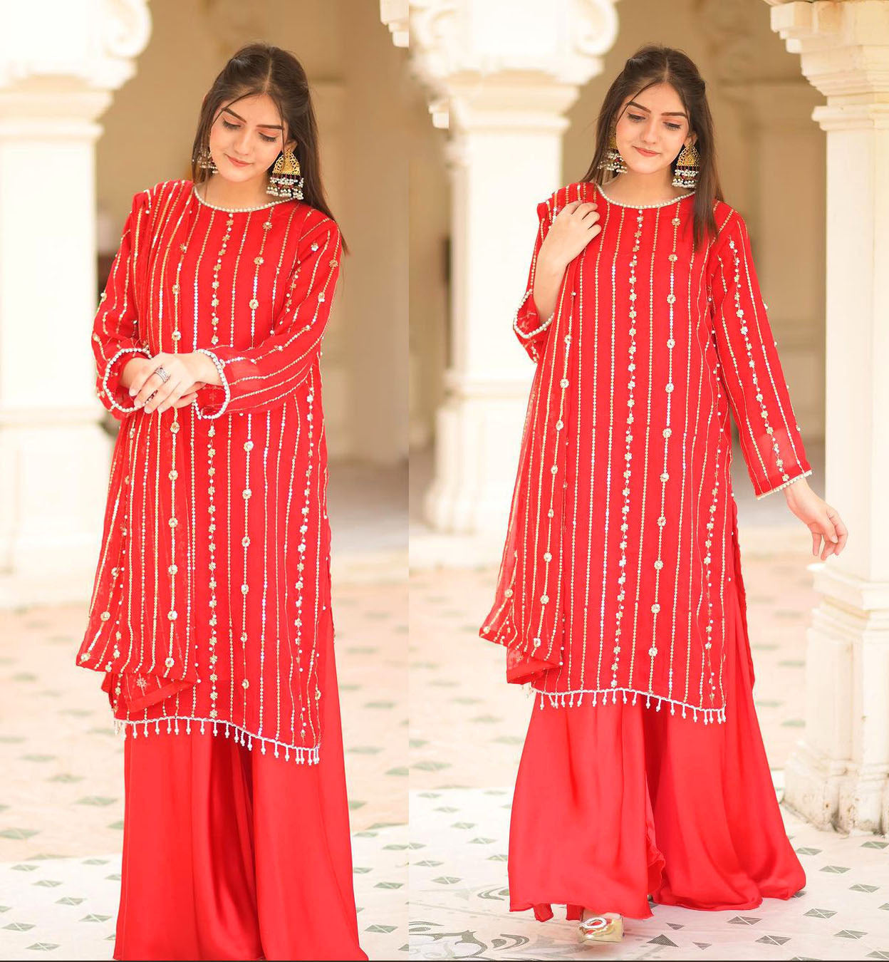 Front & Back Embroidered 3PC | Pearls, Tassels & Heavy Dupatta Dress