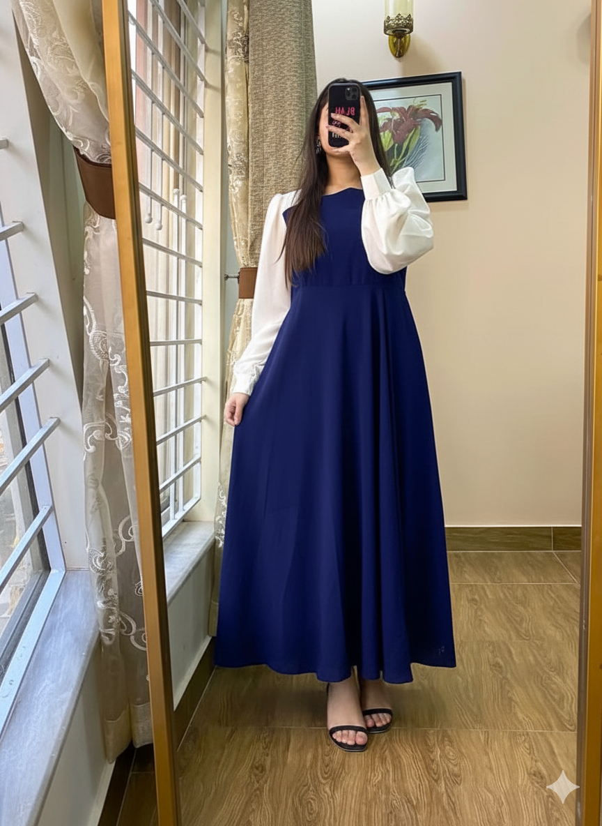 Platted Black Maxi Dress with White Puff Sleeves – Elegant Long Evening Gown for Women