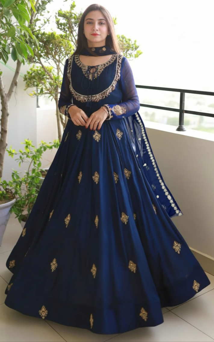 Embroidered Maxi Dress with Dupatta 3 Piece | Neck & Sleeve Embroidery Party Wear