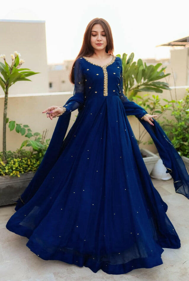 Embroidered with Pearls Attached Long Maxi With Lace Work Chiffon Dupatta 3Pcs