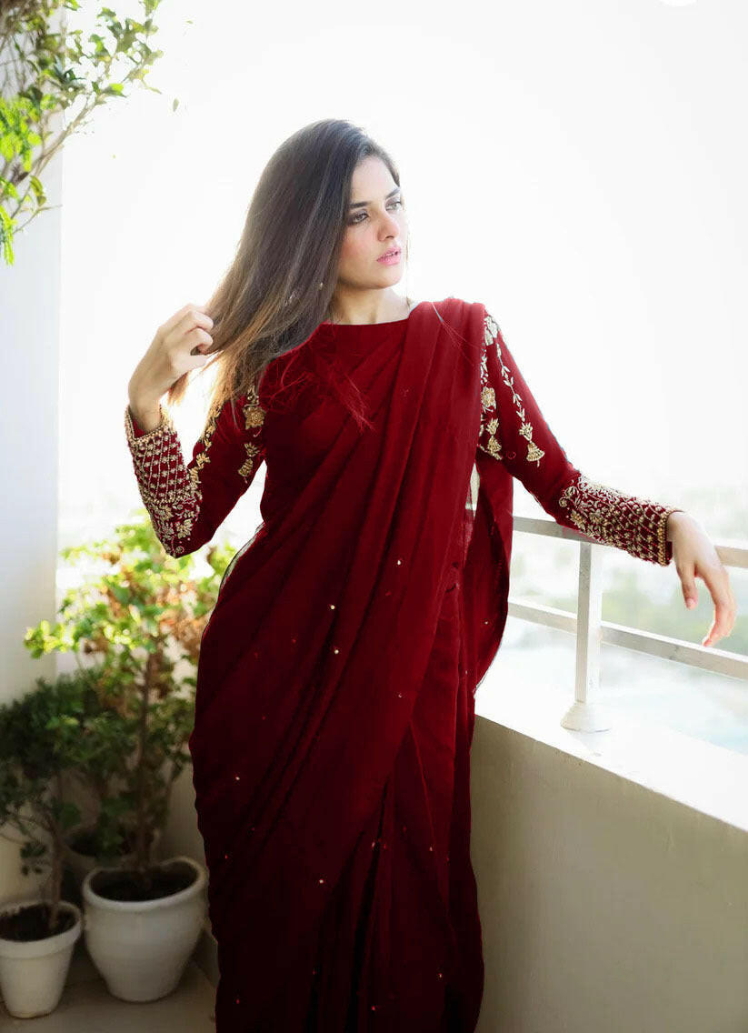 Elegant Chiffon Pearl Saree with Sequins – Party Wear Saree for Women & Girls