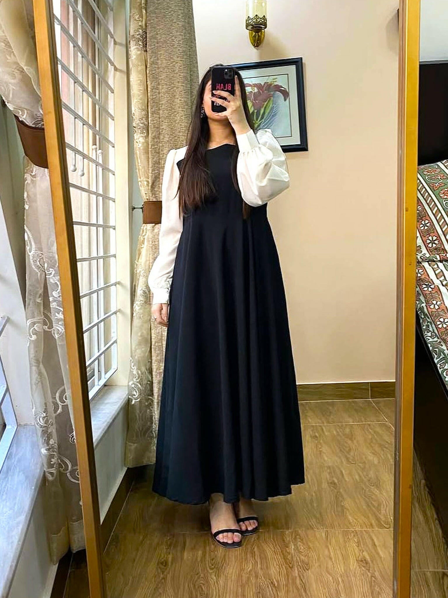 Platted Black Maxi Dress with White Puff Sleeves – Elegant Long Evening Gown for Women