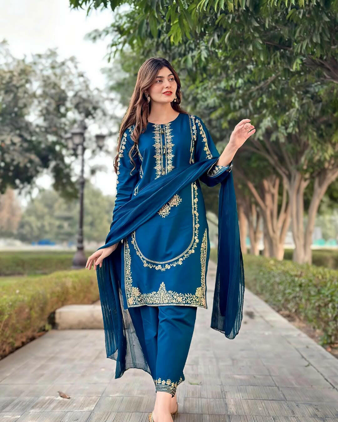Sequin Embroidered Shirt with Embroidered Sleeves & Trouser 3 Piece Set | Elegant Women’s Party & Festive Wear