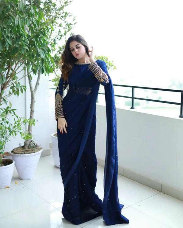 Elegant Chiffon Pearl Saree with Sequins – Party Wear Saree for Women & Girls