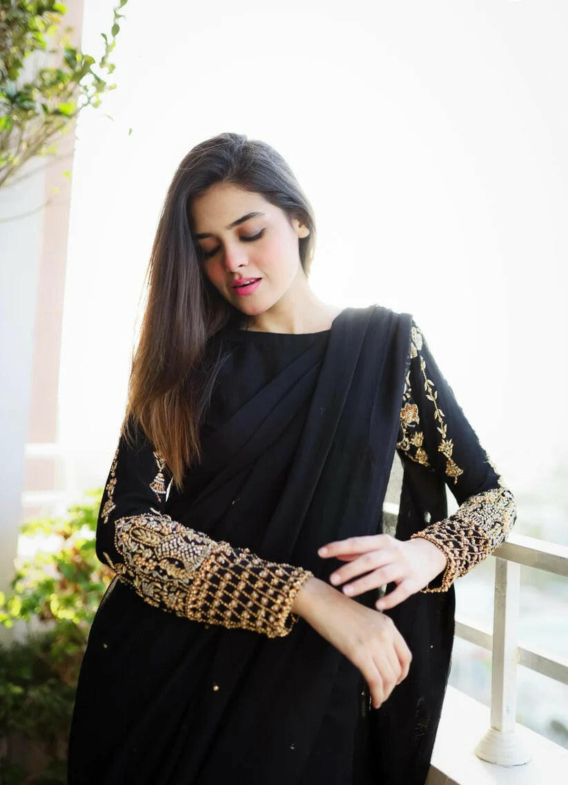 Elegant Chiffon Pearl Saree with Sequins – Party Wear Saree for Women & Girls