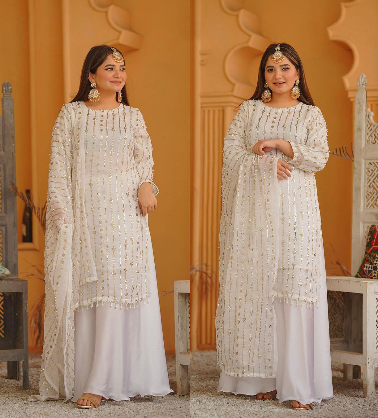 Front & Back Embroidered 3PC | Pearls, Tassels & Heavy Dupatta Dress