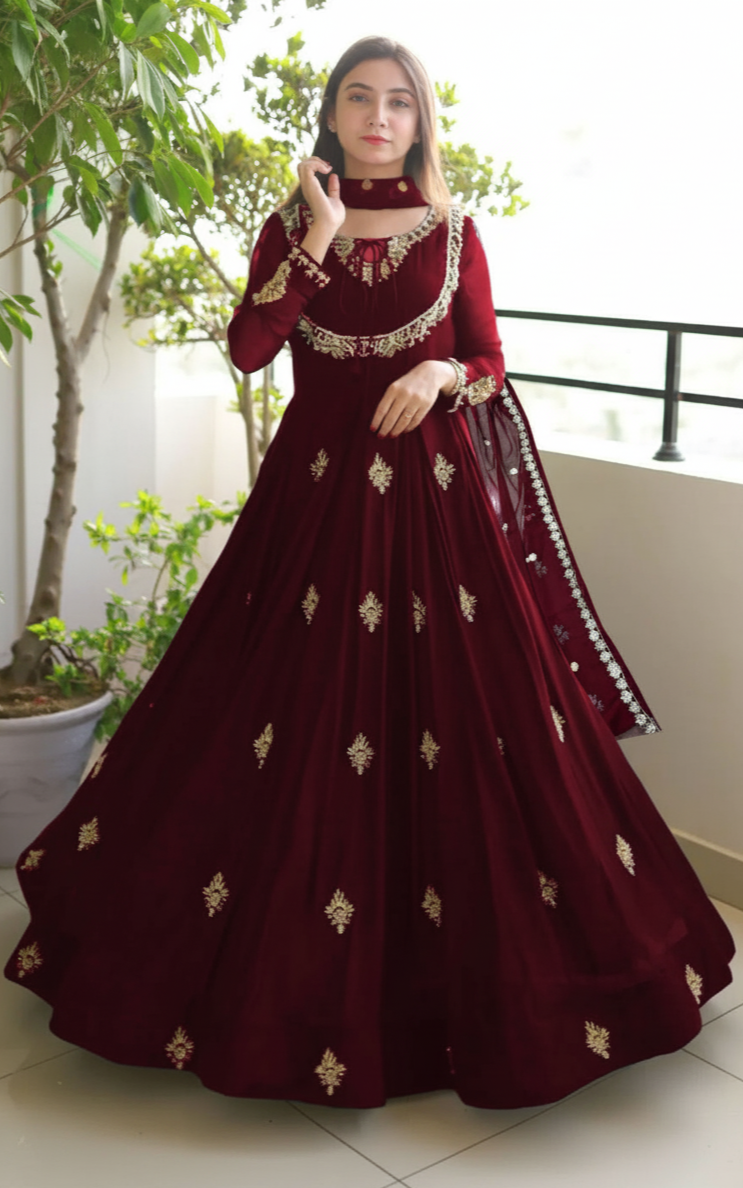 Embroidered Maxi Dress with Dupatta 3 Piece | Neck & Sleeve Embroidery Party Wear