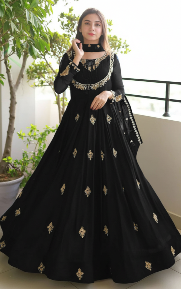 Embroidered Maxi Dress with Dupatta 3 Piece | Neck & Sleeve Embroidery Party Wear