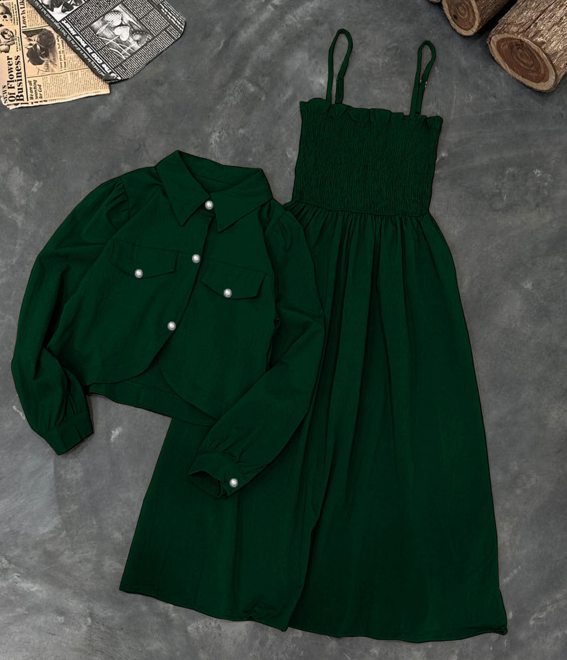 "Kaaj Button Coaty with Gazzer Romper Frock 2 Piece Set | Stylish Women’s Party Wear Dress | Trendy Coaty & Romper Outfit"